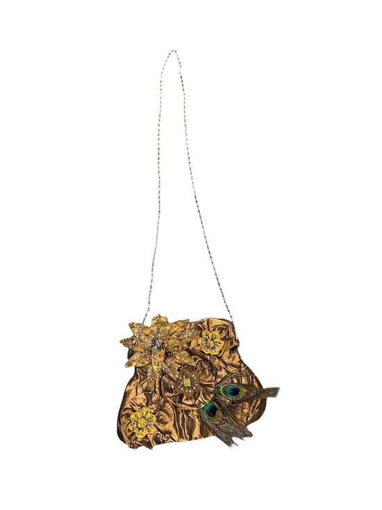 Handbags - Gold Embellished Evening Bag with Peacock Feather Accent